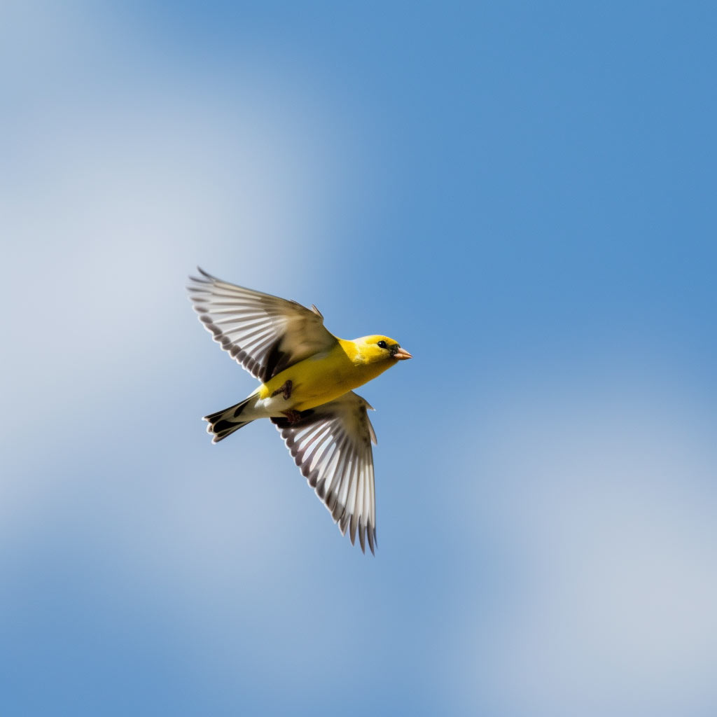 American Goldfinch flying in the sky with its notched tail