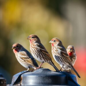 group of house finches perched on a bird feeder